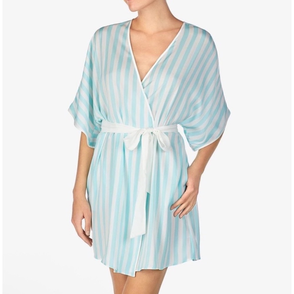 Betsey Johnson Medium Wifey Embroidered Striped Robe Mint Green White Floral